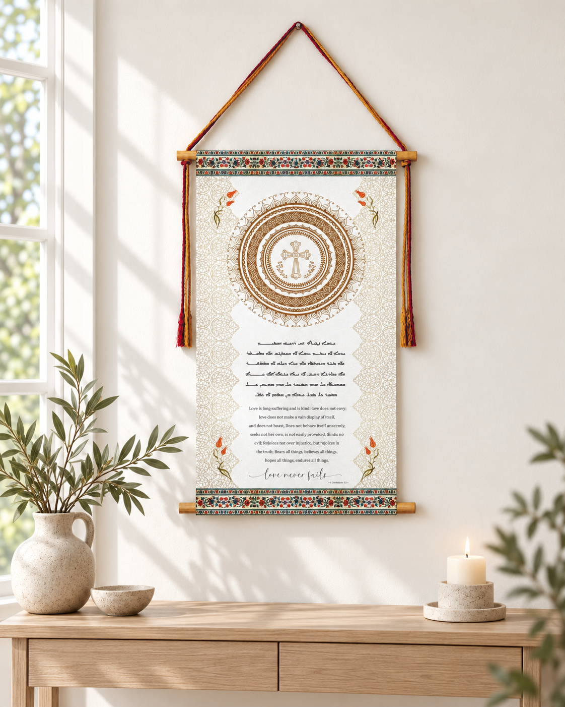 Love never fails 1 Corinthians 13, Aramaic Bible Verse Wall Hanging, Aramaic Bible Quote, Christian Home Decor, Tapestry