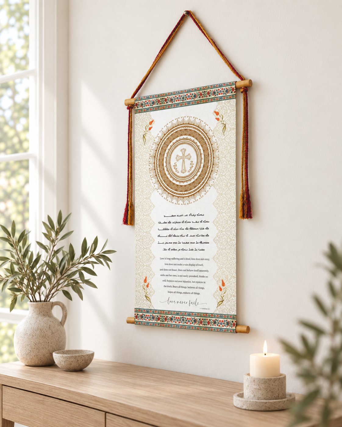 Love never fails 1 Corinthians 13, Aramaic Bible Verse Wall Hanging, Aramaic Bible Quote, Christian Home Decor, Tapestry