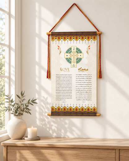 Love never fails 1 Corinthians 13, Syriac Aramaic Bible Verse Wall Hanging, Aramaic Bible Quote, Christian Home Decor, Tapestry