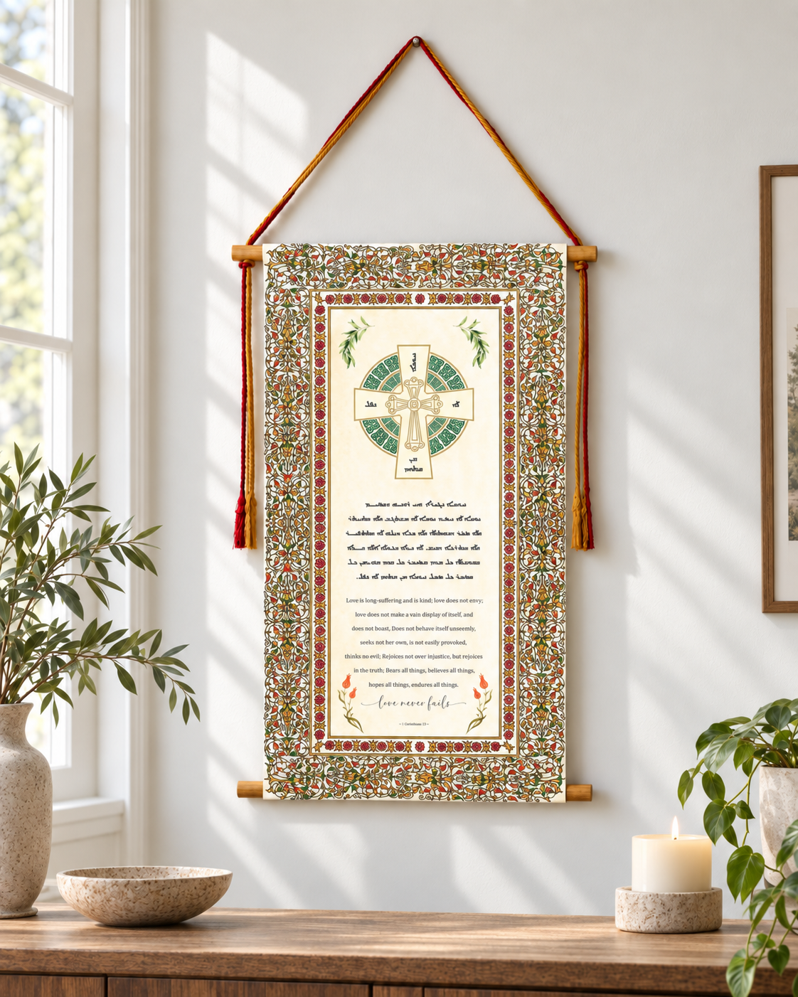 Love never fails 1 Corinthians 13, Aramaic Bible Verse Wall Hanging, Aramaic Bible Quote, Assyrian Bible Verse, Assyrian Gifts, Christian Home Decor, Tapestry