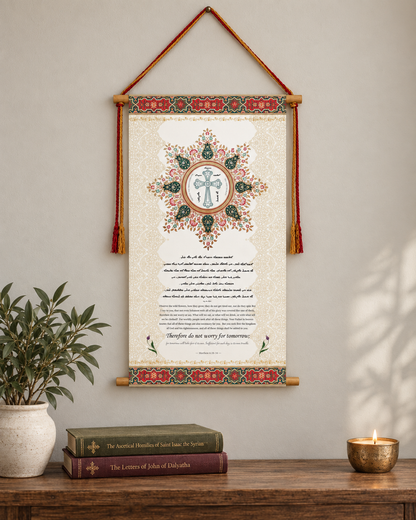 Observe the wild flowers Matthew 6:34,  Syriac Aramaic Bible Verse Wall Hanging, Aramaic Bible Quote, Assyrian bible, Assyrian gifts, Christian Home Decor, Tapestry