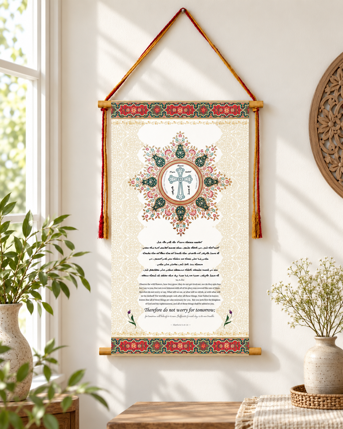 Observe the wild flowers Matthew 6:34,  Syriac Aramaic Bible Verse Wall Hanging, Aramaic Bible Quote, Assyrian bible, Assyrian gifts, Christian Home Decor, Tapestry