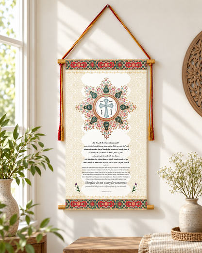 Observe the wild flowers Matthew 6:34,  Syriac Aramaic Bible Verse Wall Hanging, Aramaic Bible Quote, Assyrian bible, Assyrian gifts, Christian Home Decor, Tapestry