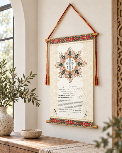 Observe the wild flowers Matthew 6:34,  Syriac Aramaic Bible Verse Wall Hanging, Aramaic Bible Quote, Assyrian bible, Assyrian gifts, Christian Home Decor, Tapestry