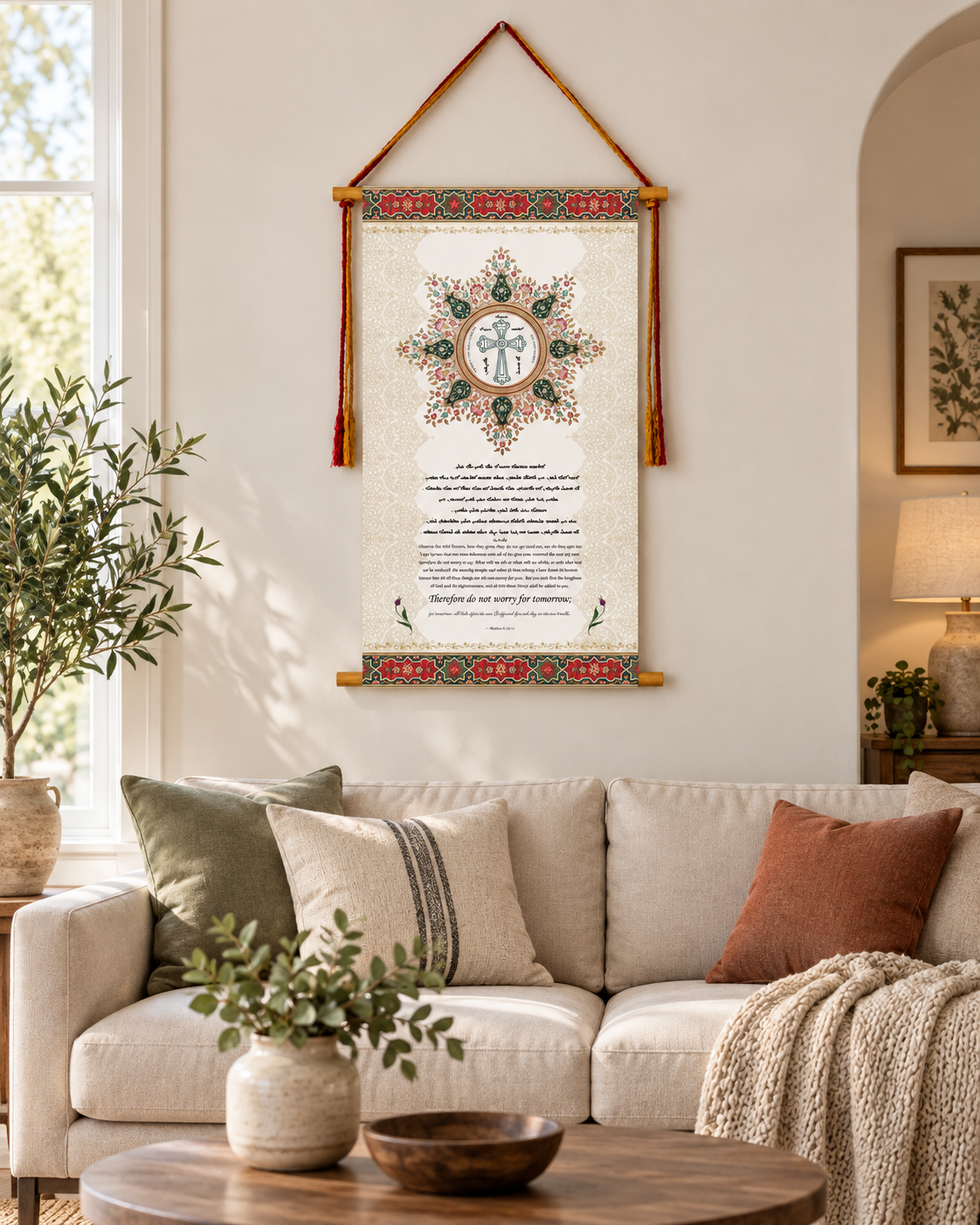 Observe the wild flowers Matthew 6:34,  Syriac Aramaic Bible Verse Wall Hanging, Aramaic Bible Quote, Assyrian bible, Assyrian gifts, Christian Home Decor, Tapestry