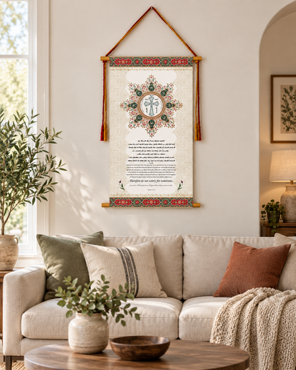Observe the wild flowers Matthew 6:34,  Syriac Aramaic Bible Verse Wall Hanging, Aramaic Bible Quote, Assyrian bible, Assyrian gifts, Christian Home Decor, Tapestry